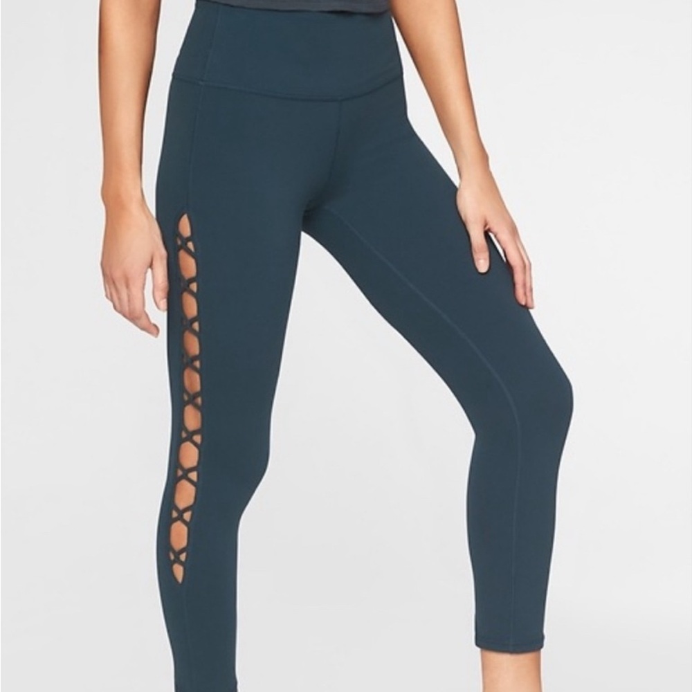 Athleta Teal High-Waisted Leggings with Side Lattice